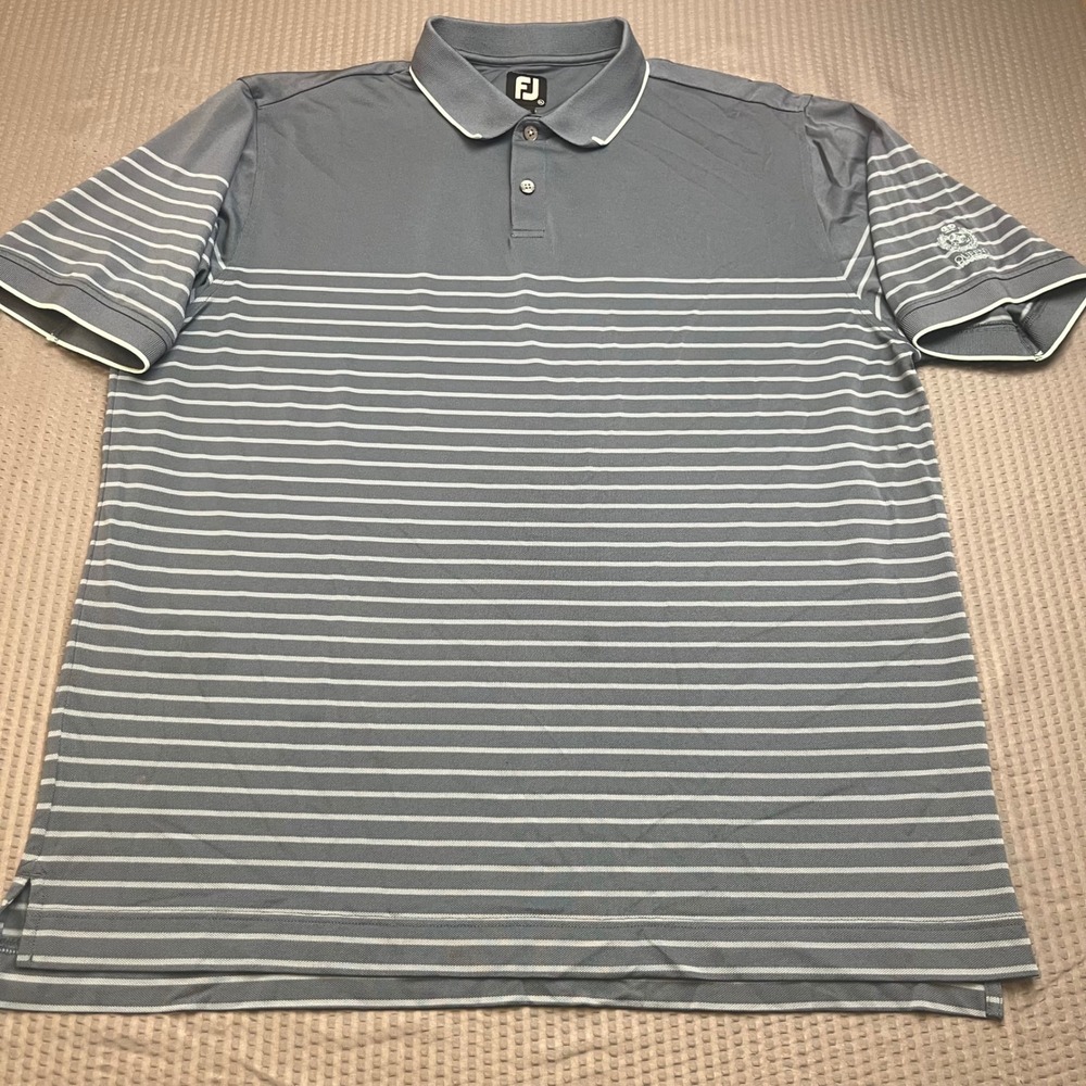 FJ FootJoy Mens XL Golf Polo Shirt Grey White Stripe Queen's Harbour Embroidered